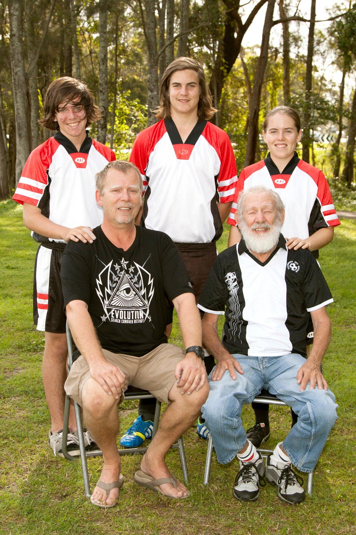 Flashback - Members of the Jenner family, four generations playing for the Caloundra City Soccer Club. Back row: (L to R) Zane Jenner, Lochie Jenner, Paige Jenner (Paige is now married and her surname is Temby). Front row: (L to R) Chris Jenner (dad of Zane, Lochie and Paige) and Kevin Jenner who sadly passed away in 2022 (Kevin is wearing a Club jersey from the late 1990s).