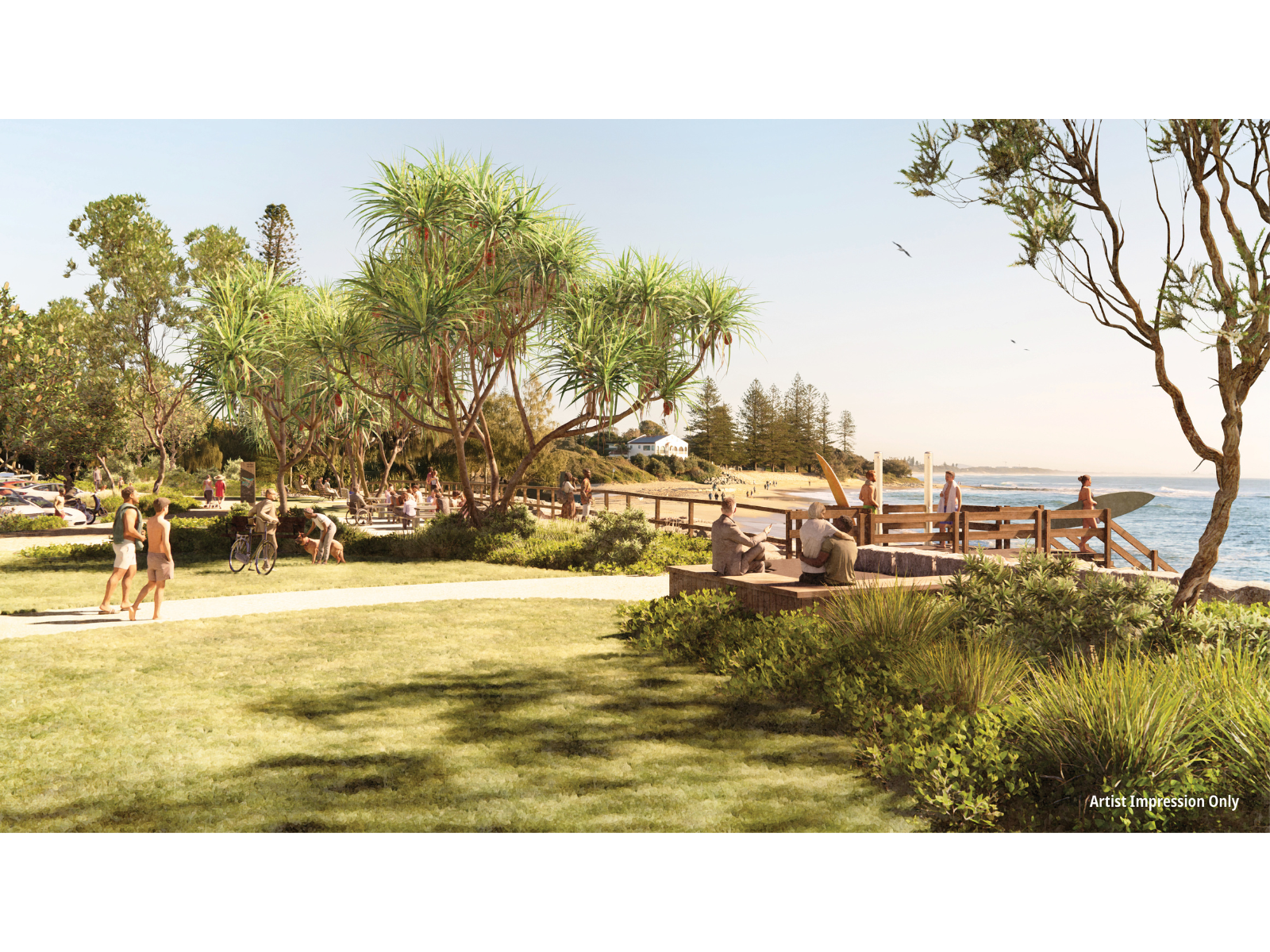 After view of the Eleanor Shipley car - A lively space along the oceanfront with a scenic coastal pathway. People are joyfully walking along the pathway, surrounded by lush green trees and grass. The parking area is well-equipped with spaces for cars, people with disabilities, and e-bikes. The sparkling ocean and vibrant atmosphere make it a delightful spot for everyone.