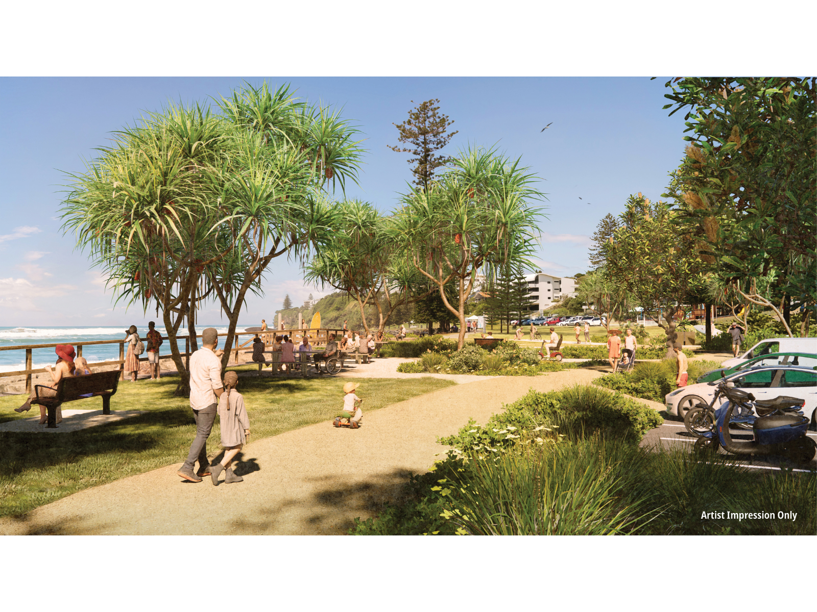 After view of Eleanor Shipley Carpark at Moffat Beach - artist impression. A lively space along the oceanfront with a scenic coastal pathway. People are joyfully walking along the pathway, surrounded by lush green trees and grass. The parking area is well-equipped with spaces for cars, people with disabilities, and e-bikes. The sparkling ocean and vibrant atmosphere make it a delightful spot for everyone.