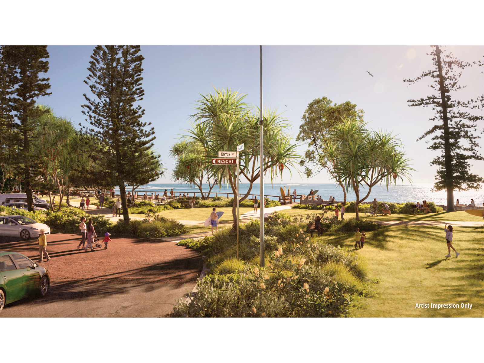 After view of the Eleanor Shipley car - A lively space along the oceanfront with a scenic coastal pathway. People are joyfully walking along the pathway, surrounded by lush green trees and grass. The parking area is well-equipped with spaces for cars, people with disabilities, and e-bikes. The sparkling ocean and vibrant atmosphere make it a delightful spot for everyone.