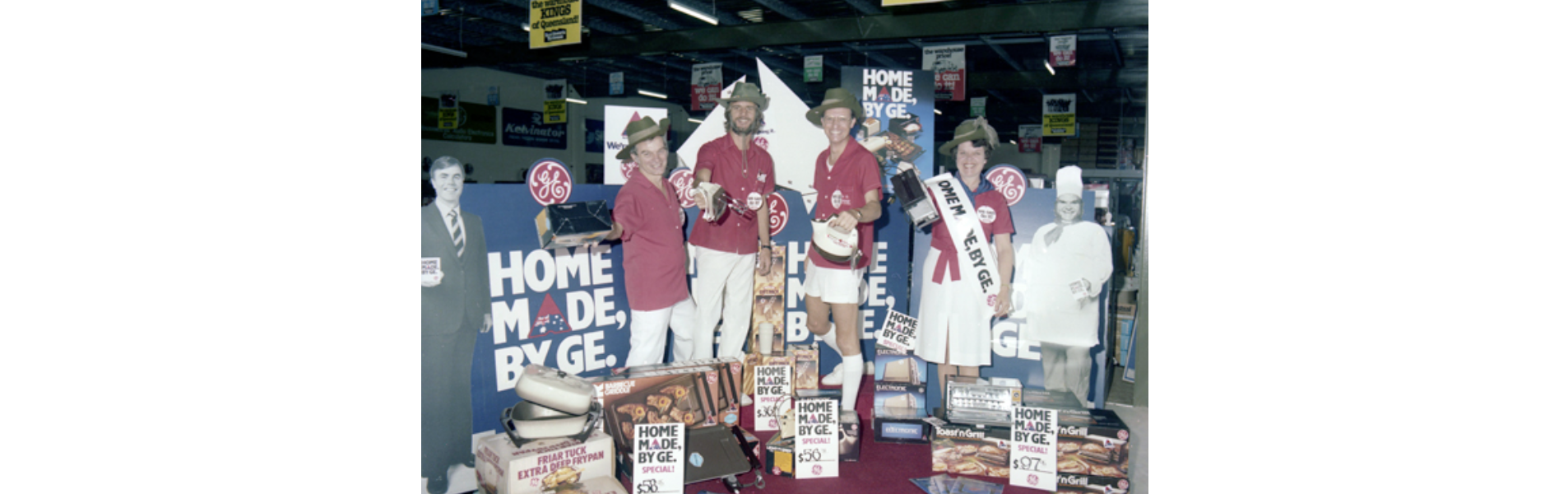Errol Stewarts Warehouse staff and advertisting display, Maroochydore, July 1983_Picture Sunshine Coast