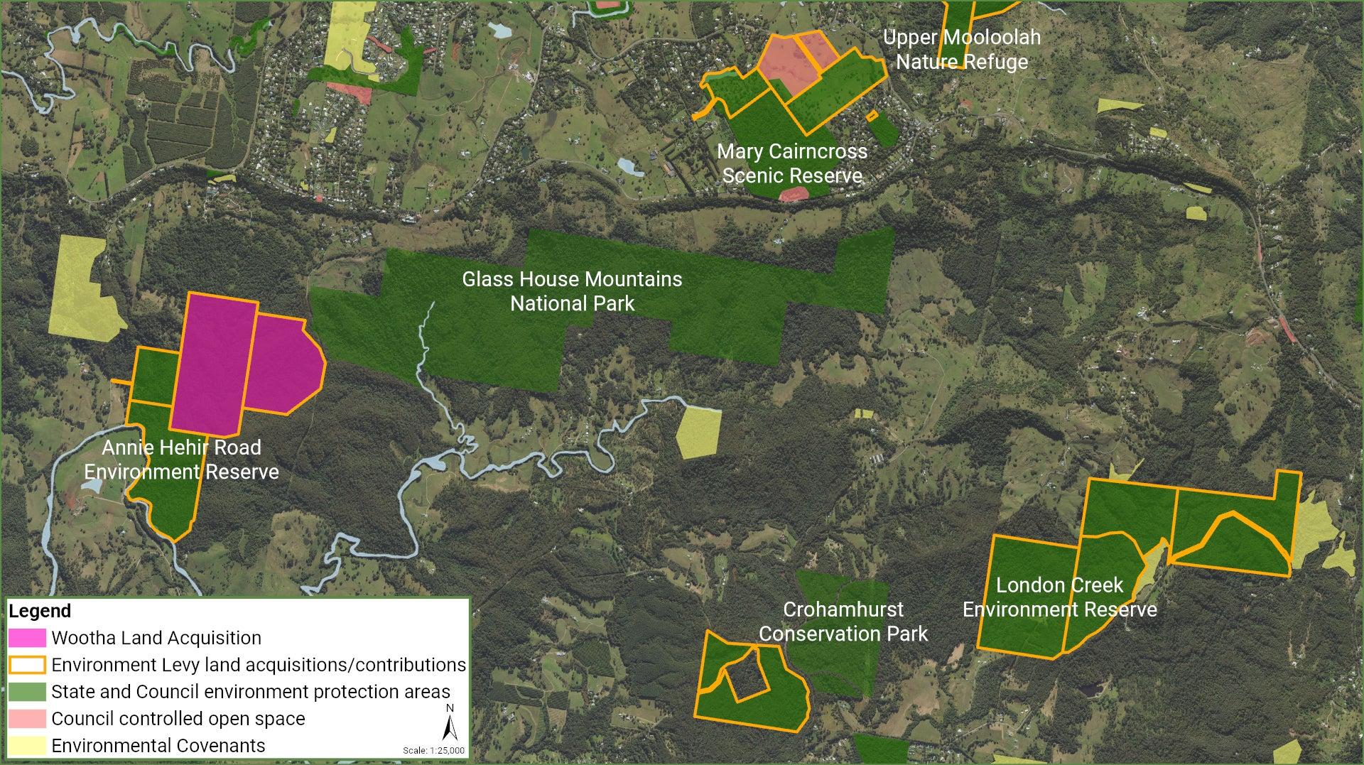 The purchased site (shown in pink) connects the existing reserve to a northern section of the Glass House Mountains National Park. The wider area is part of a defined biodiversity corridor.