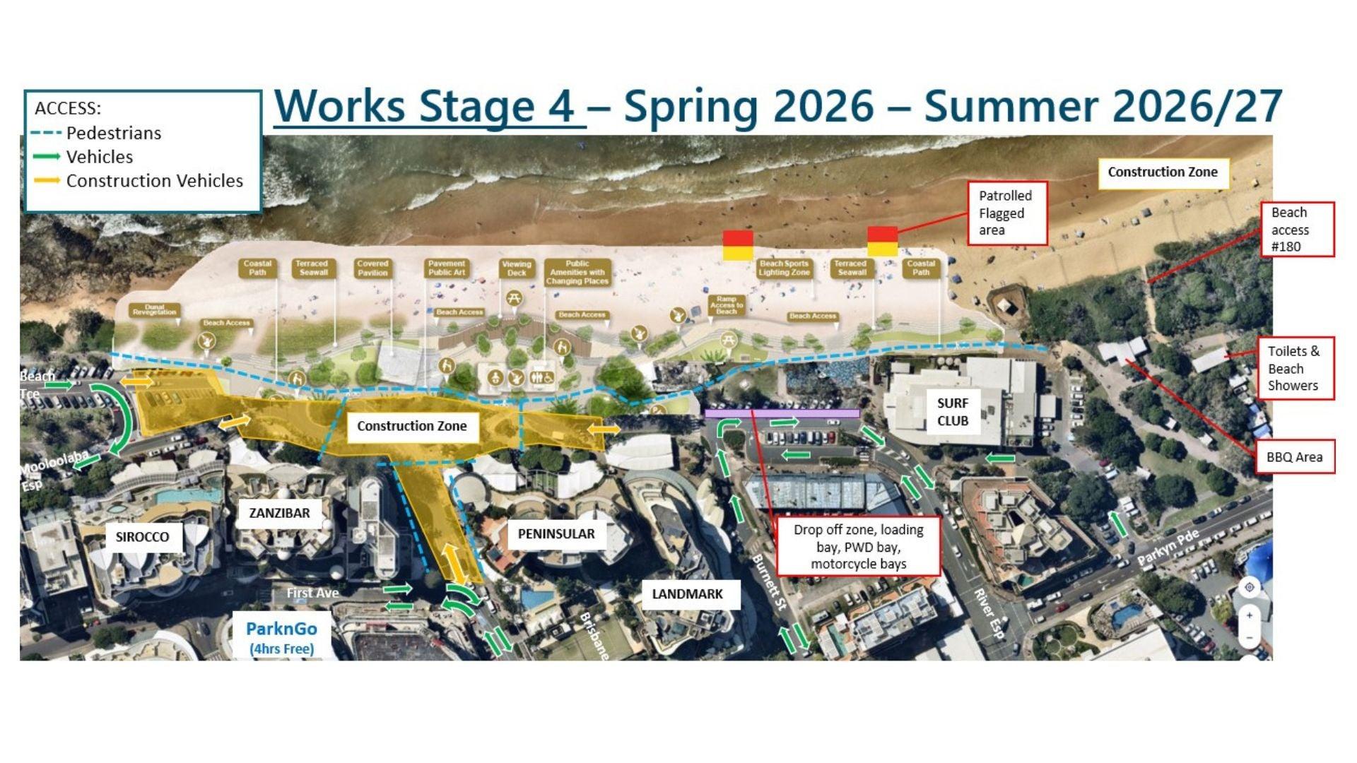 Map of Mooloolaba Foreshore stage 4 area of works from Spring 2026 to Summer 2026/27.