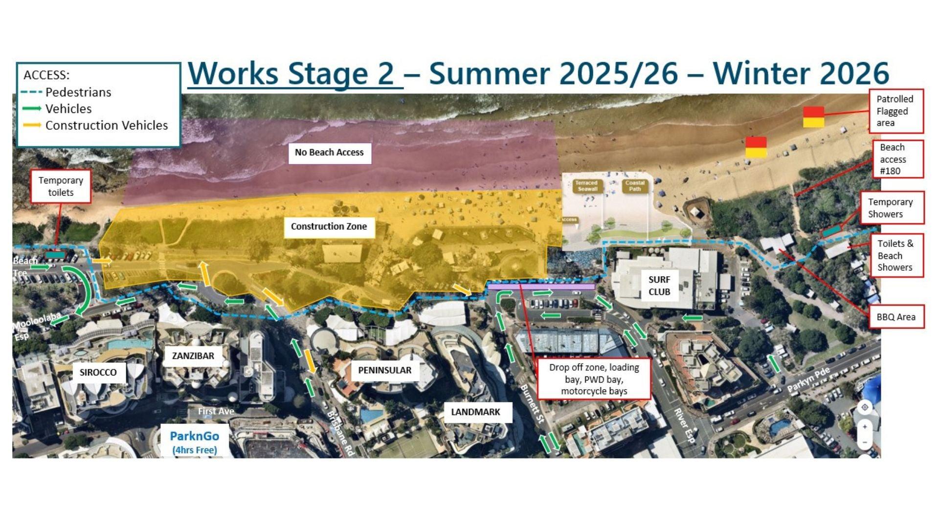 Map of Mooloolaba Foreshore stage 2 area of works from Summer 202526 to Winter 2026.