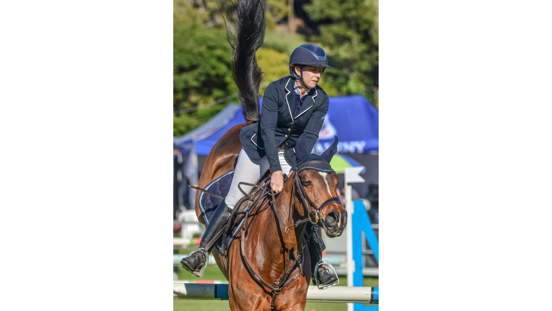 A lady dressed in the full helmet, jacket and jodhpurs on her horse and leaning forward as they horse has just jumped over a competition barricade.