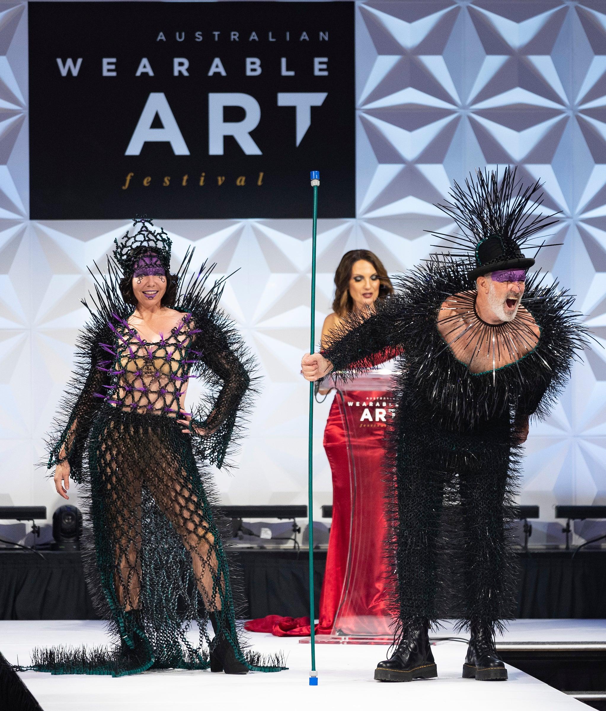 Australian Wearable Art Festival - Artists Evita Camilleri & Dan Draper modelling their winning pieces.