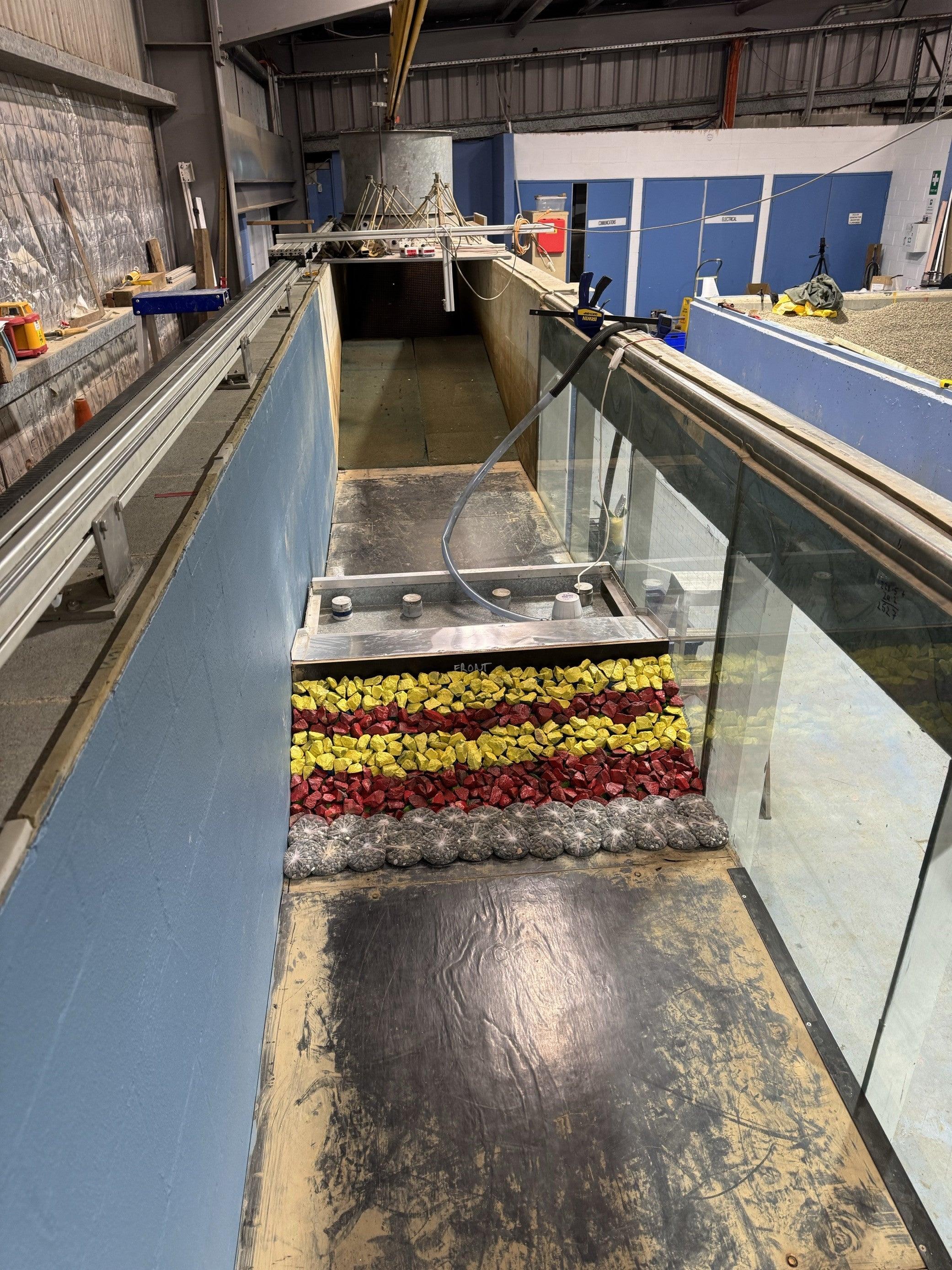 TS Onslow seawall 2D Physical Model testing (by Manly Hydraulics Laboratory).