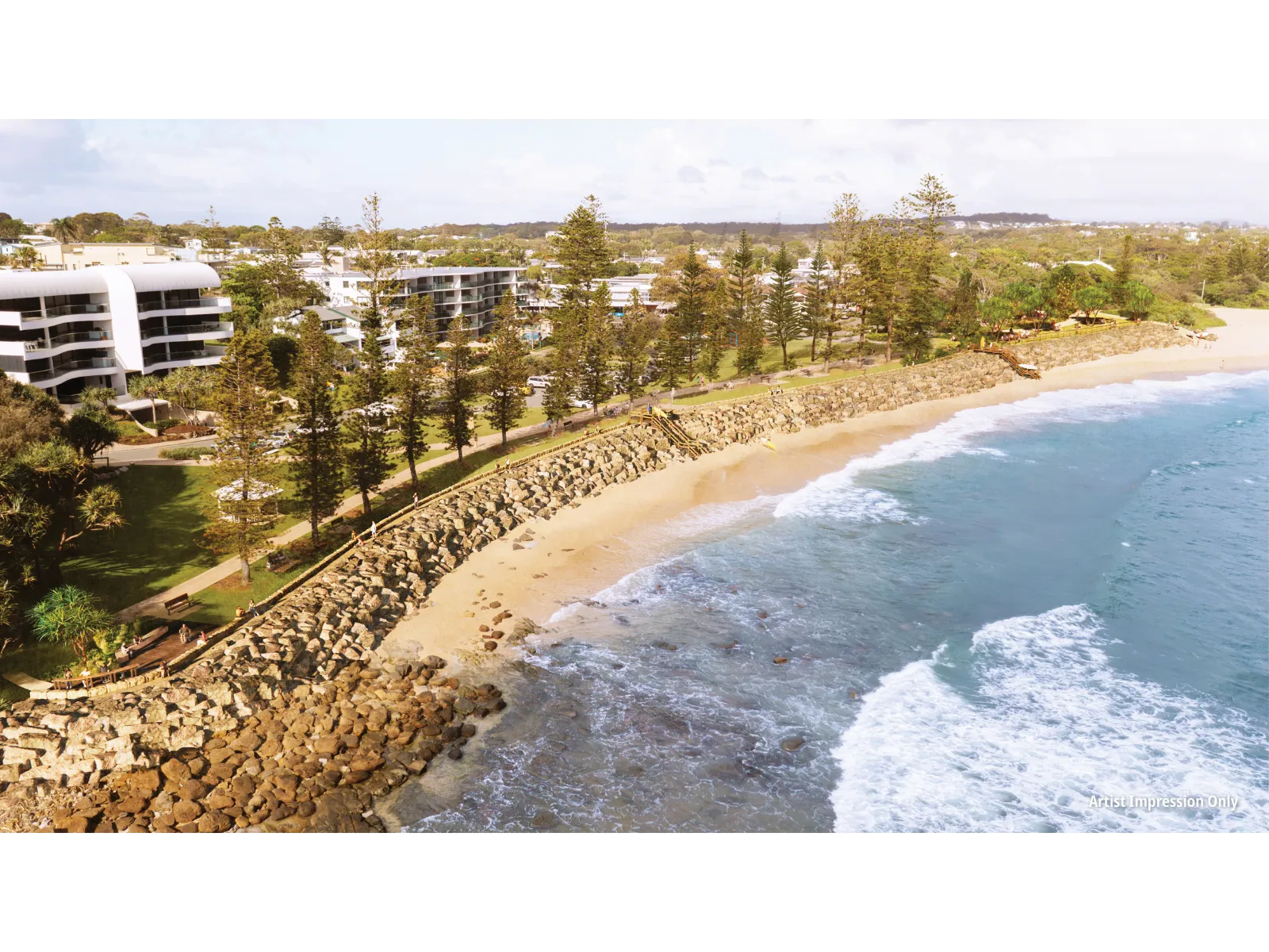 An artist's impression of a coastal scene featuring a seawall running through the center. Norfolk pines line the edges of a park, adding greenery to the landscape. The ocean is visible in the foreground, while residential homes and businesses can be seen in the background, creating a picturesque and serene environment.