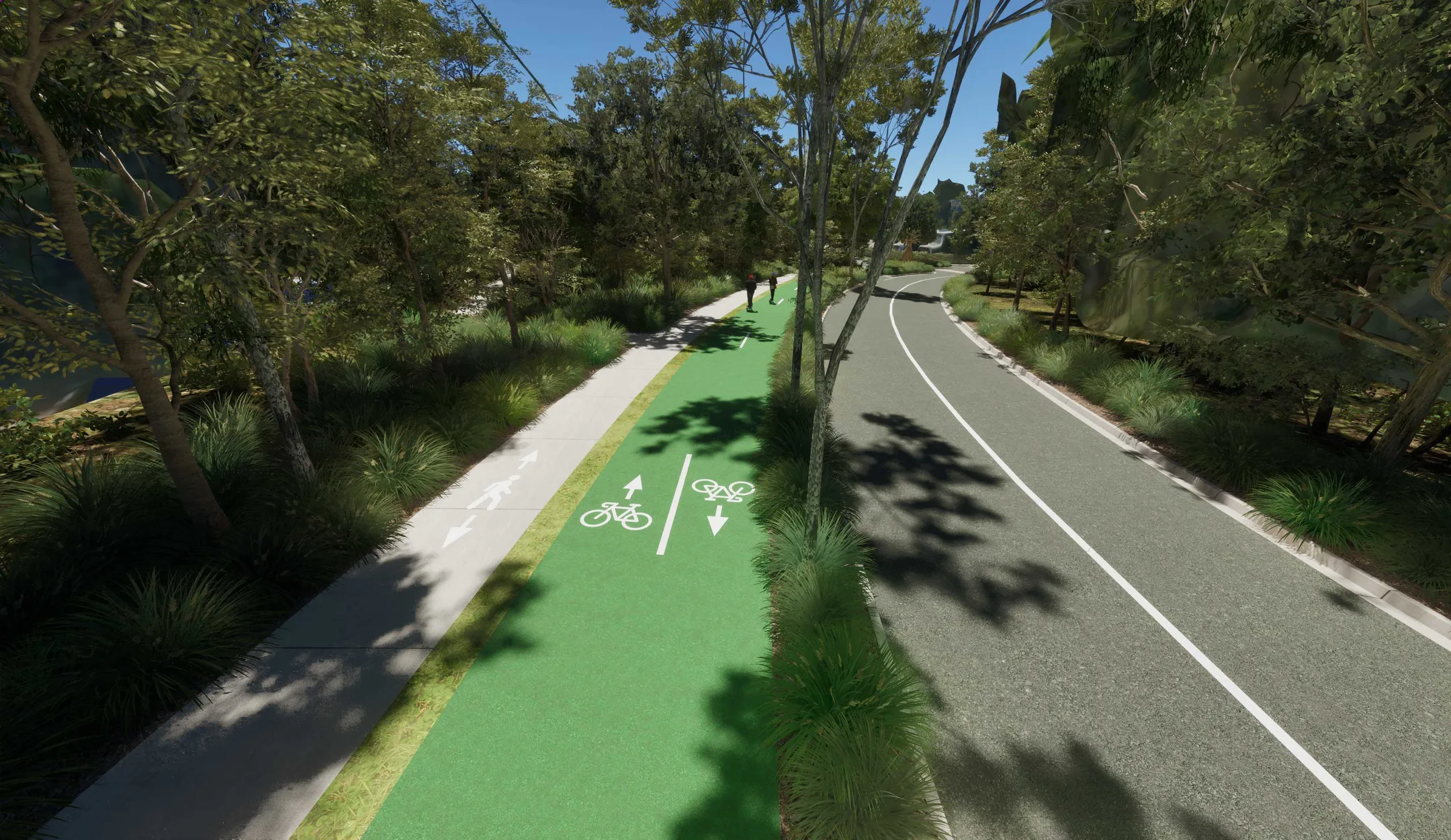 An artist's illustration of Goshawk Boulevard in Buderim, shows a shady road with two lanes, as well as a walking and riding path on the left-hand side.