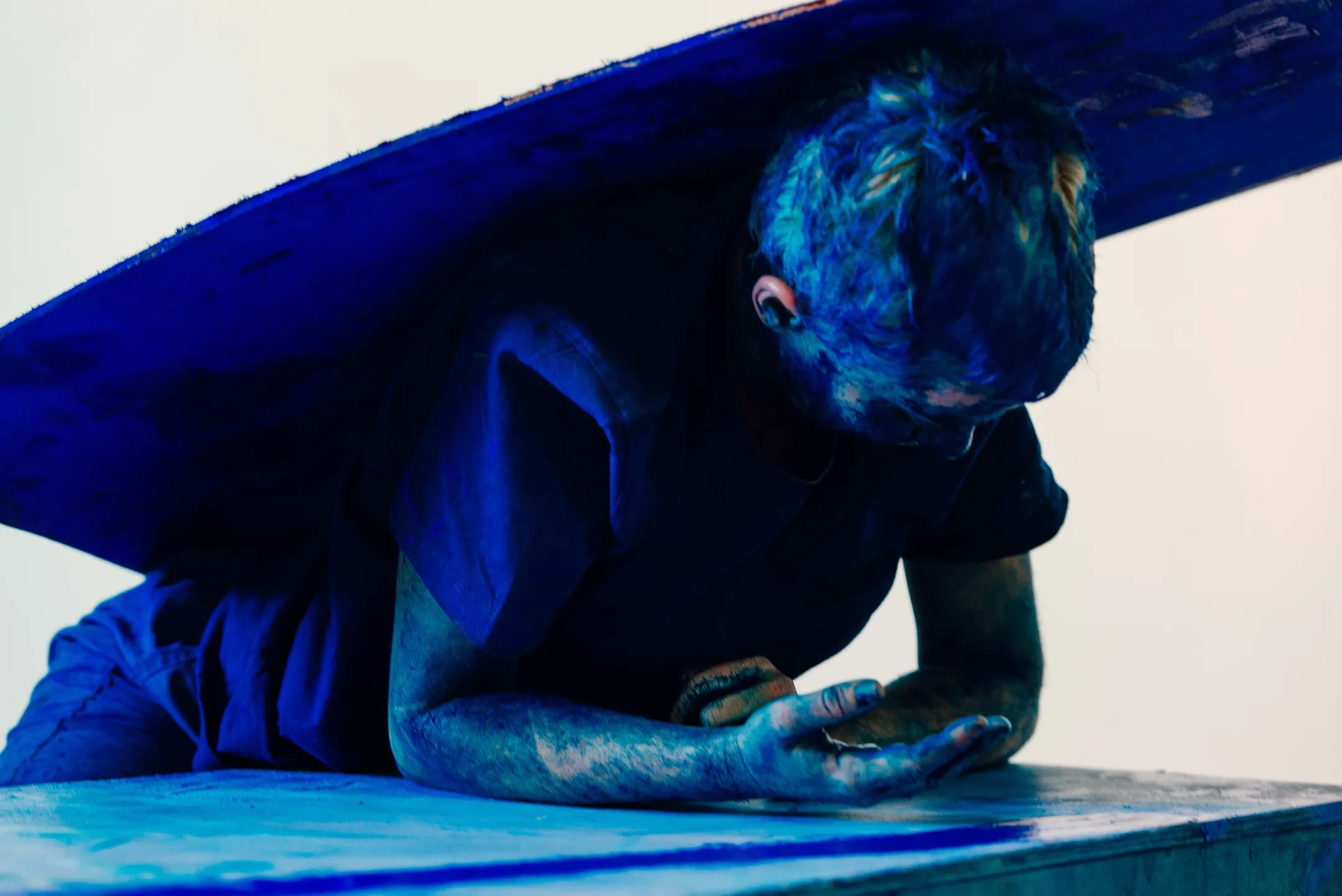 Image of a woman painted blue in Lantana Space during Odessa's August residency