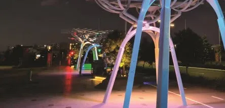 metal street structures with coloured lighting
