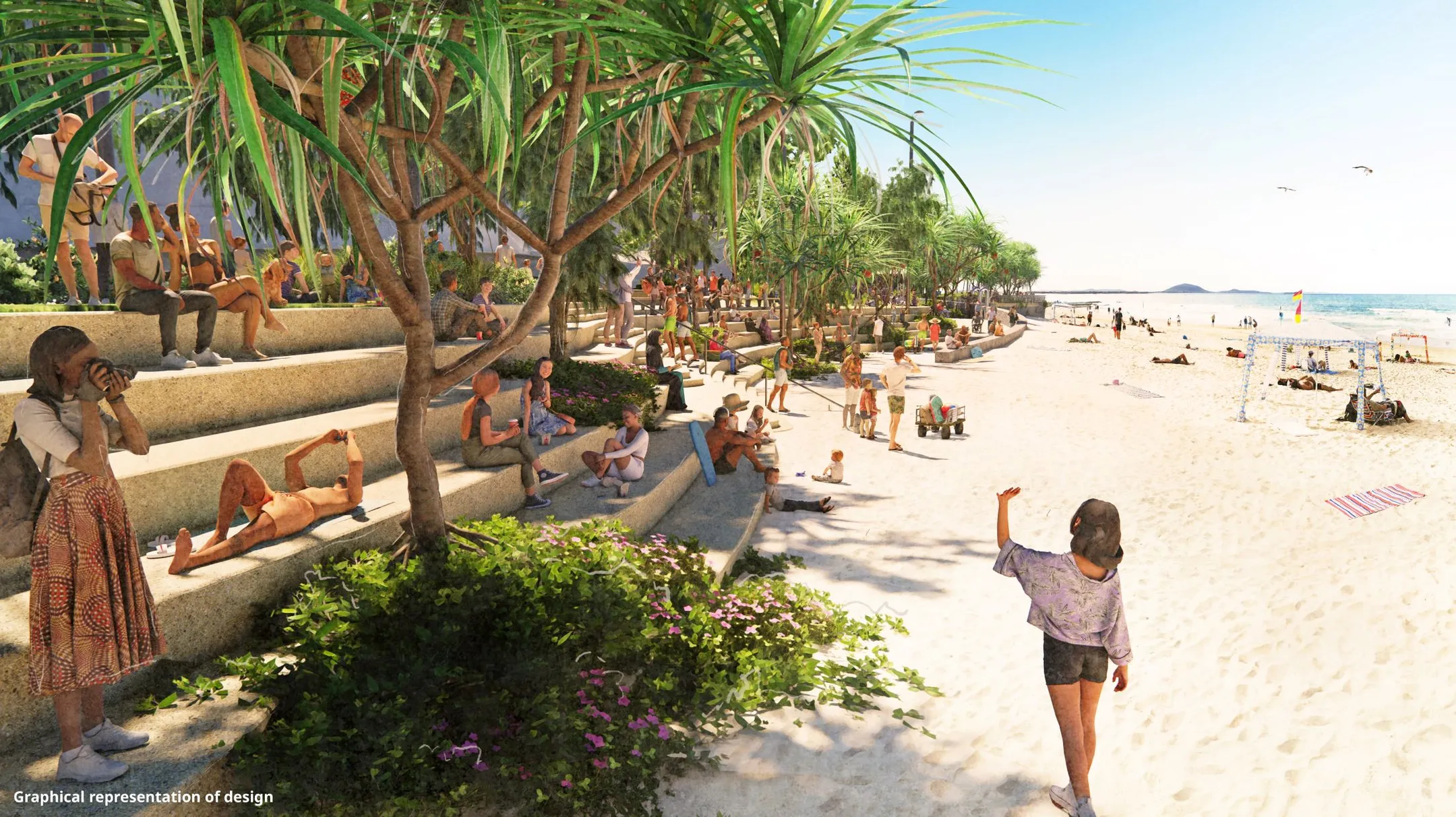 Graphical representation of Southern seawall showing people on the beach and seated on terraced steps under Pandanus trees.