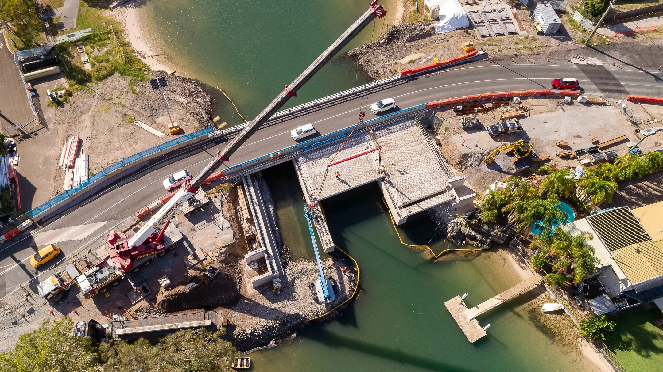 Arial view of construction on Mayes Canal bridge in Mooloolaba