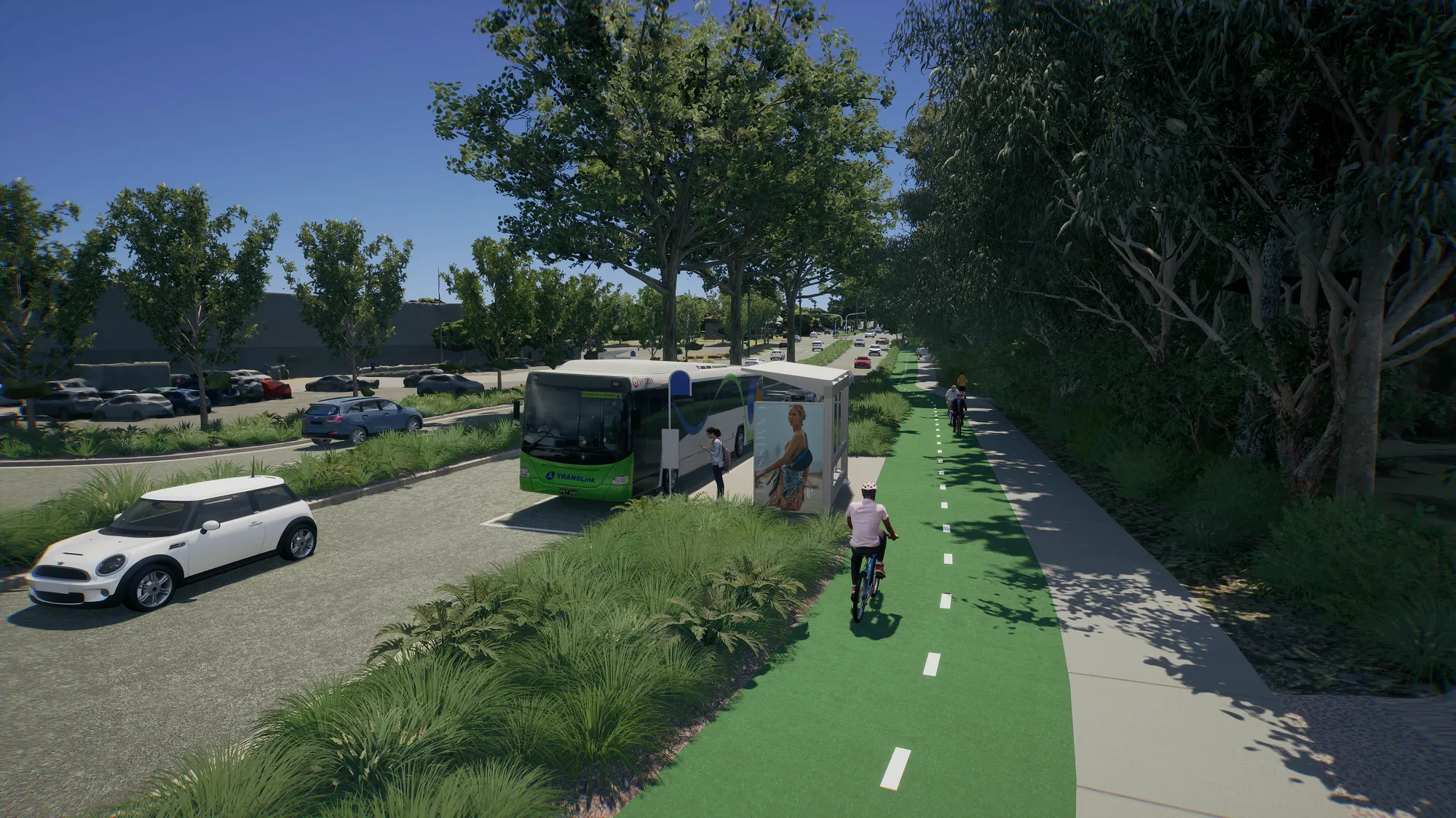Caloundra Transport Corridor Upgrade graohic artist impression image. Green bike track next to a divider grassed verge with the road. A public green and white bus at a bus stop. A white car is passing by.