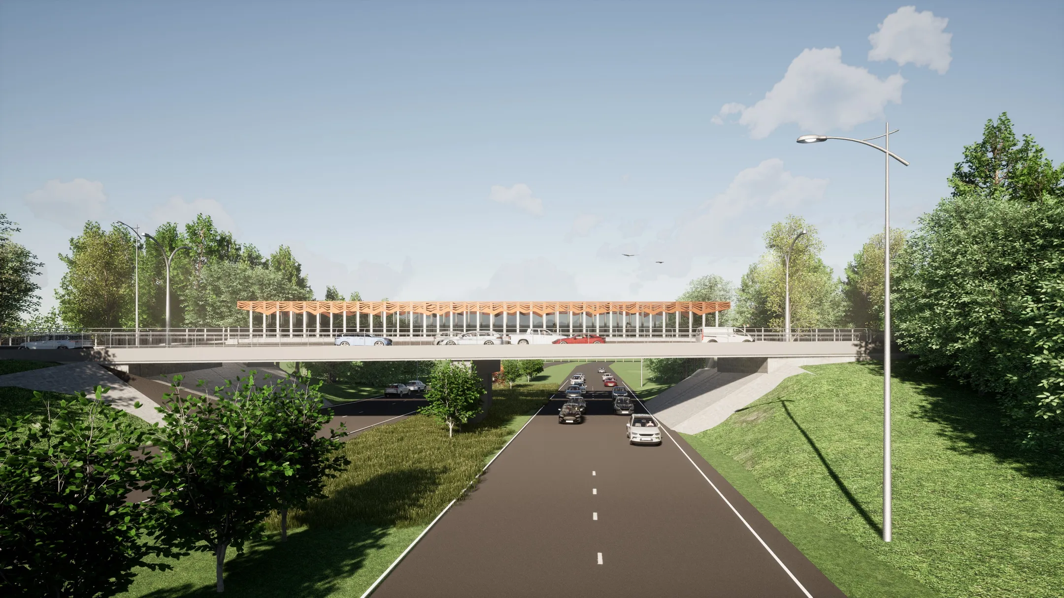 Artist impression of the new pedestrian and cyclist bridge when looking west toward the existing Stringybark Road bridge.