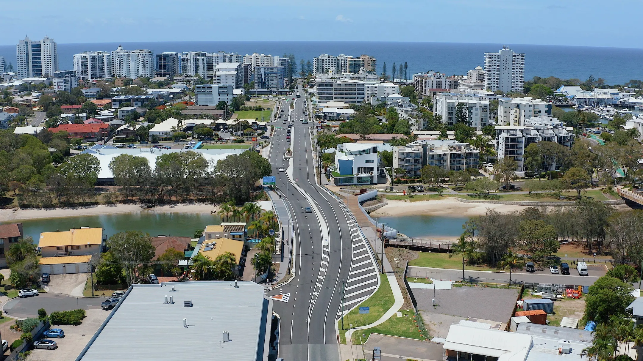View of Brisbane Road from Mayes Canal Bridge looking towards Mooloolaba Beach.