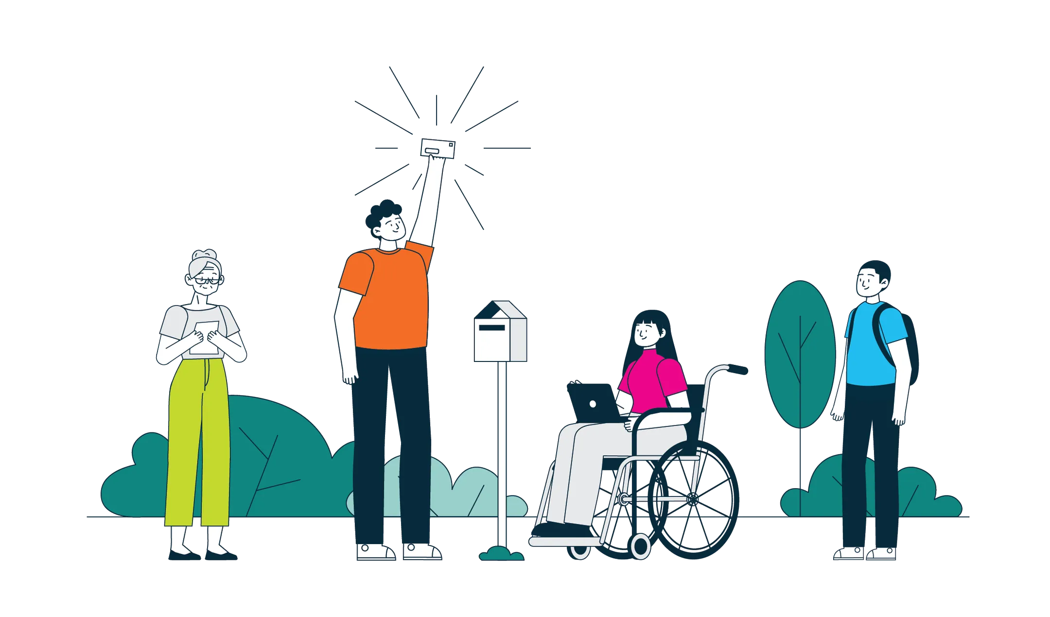 Four animated characters with a mailbox. One of the characters is holding up a letter.