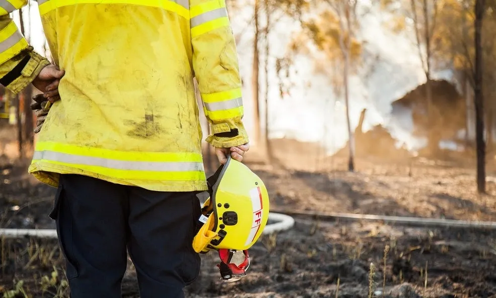 Fire man looking towards a smokey bushland area.