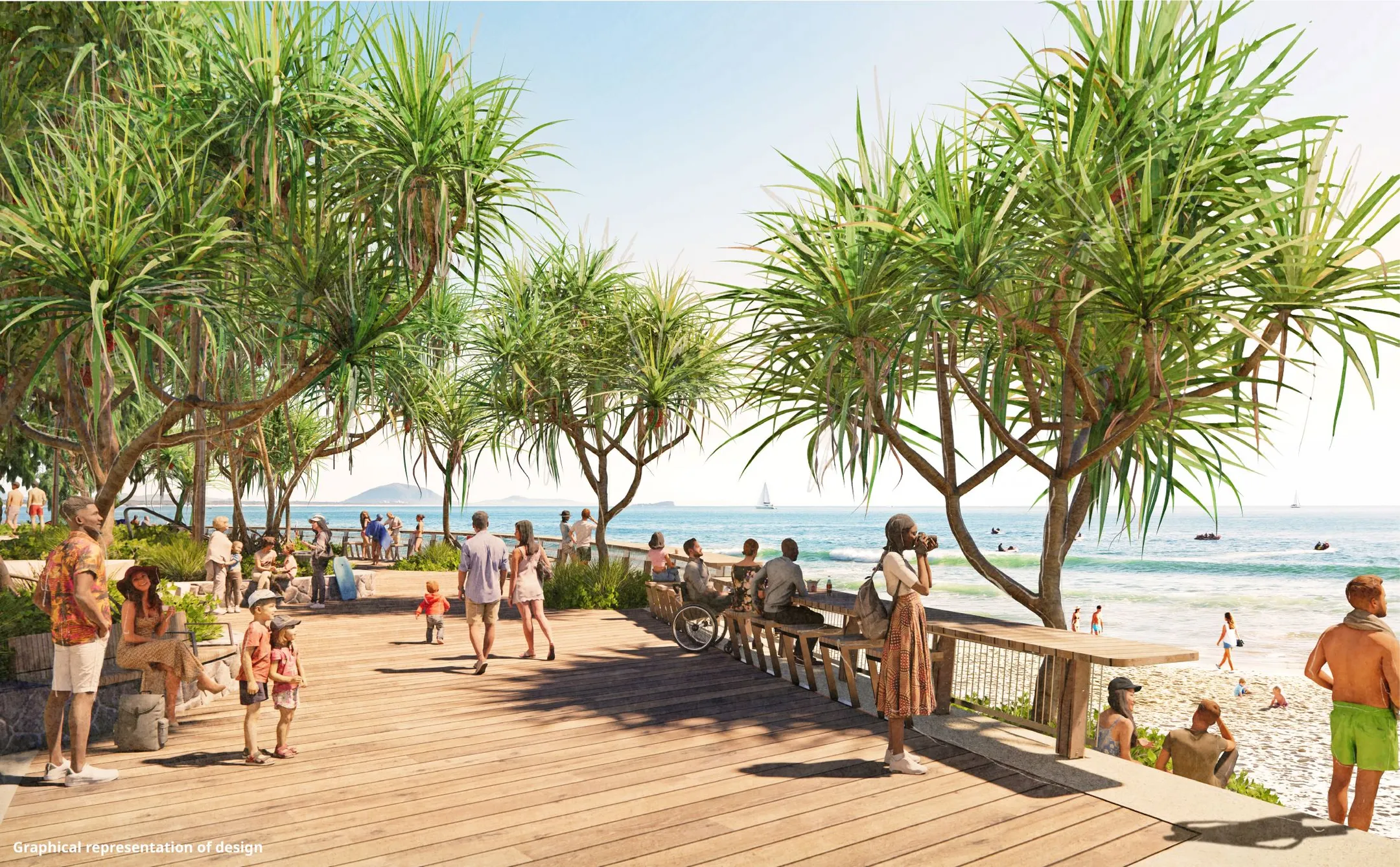 Graphical representation of Central meeting place boradwalk looking out towards the ocean at Mooloolaba.
