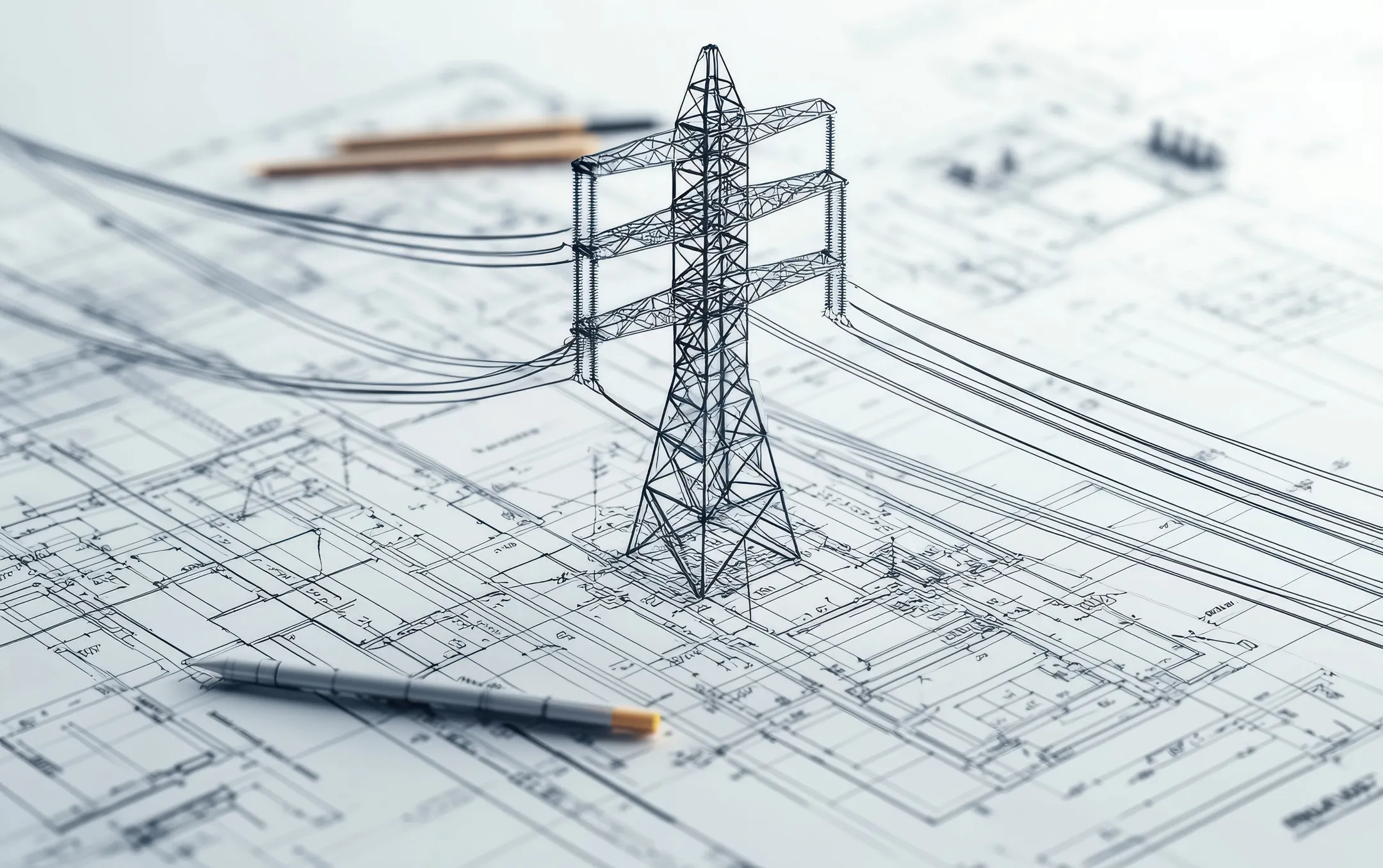 Technical telecommunications plan with a model of a telecommunications tower resting on drawing