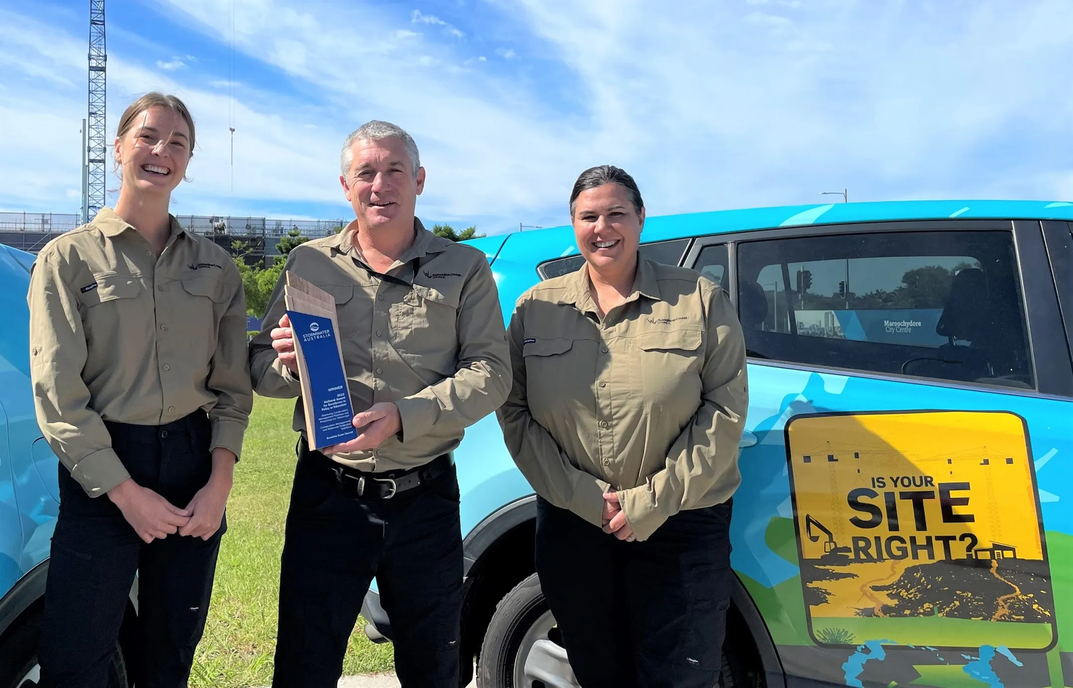 Sunshine Coast Council’s Construction Management and Waterway Protection Taskforce team, celebrating their win at Stormwater Australia’s National Awards for Excellence. L to R: Samantha Middleton, Rupert Hindley and Michelle Lowe.