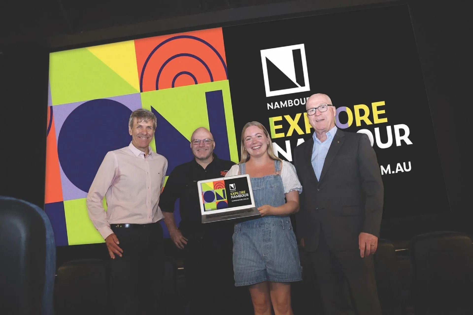 Division 10 Councillor David Law, Sunshine Coast Pinball owner Vaughan Jones, social media influencer Brooke Styles and Sunshine Coast Council Mayor Mark Jamieson launching #ExploreNambour.