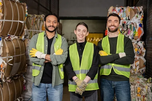 Recycling staff standing in front of recycled cardboard bales.