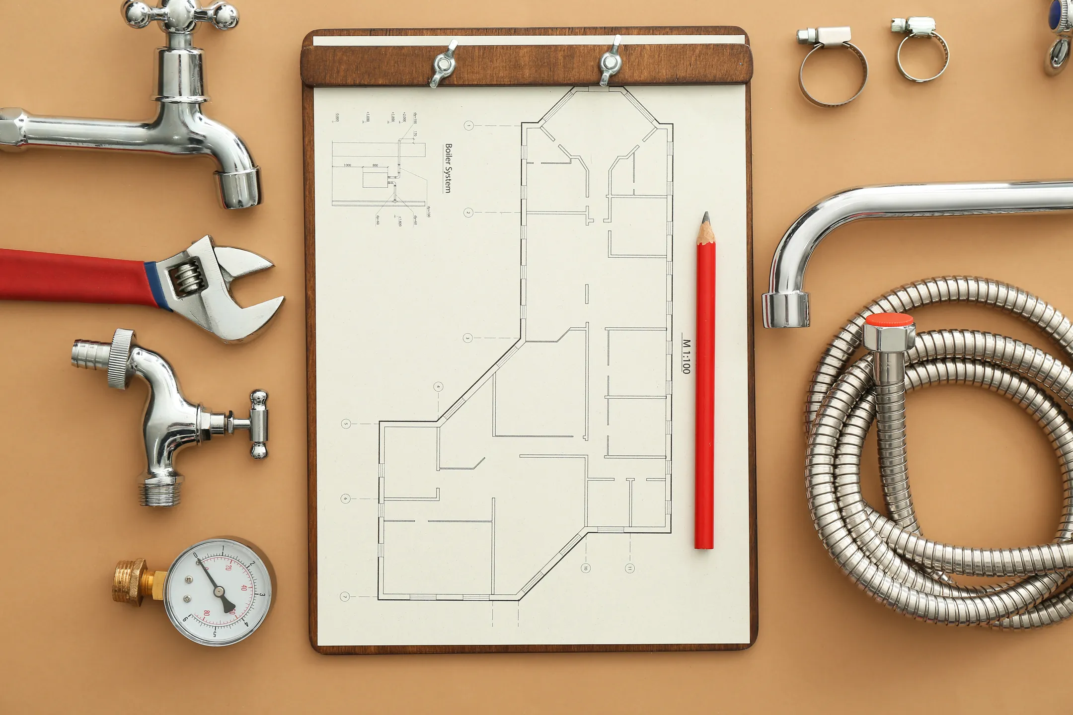 a plumbing drawing central to parts and tools