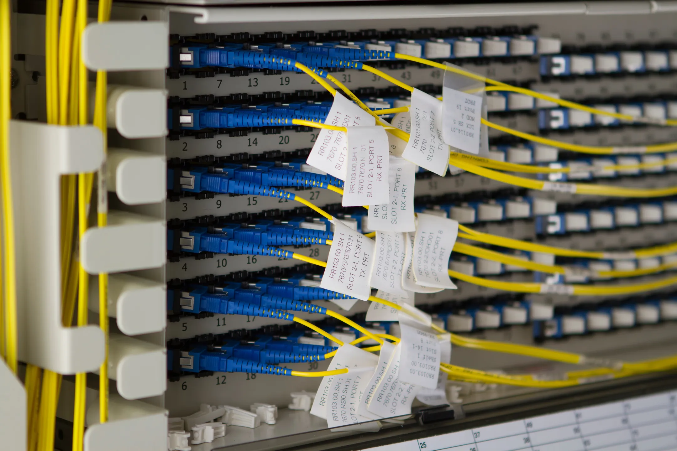 Data rack with cables plugged in and labelled.