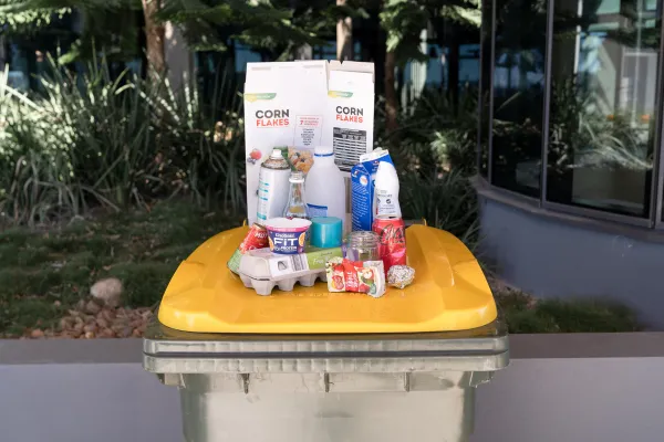 Recycle wheelie bin with recyclable items on lid
