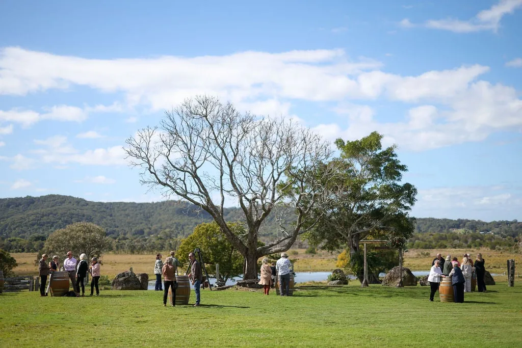 Yandina Station landscape - blue sky with clouds, green grass, trees with and without leaves, people standing in small groups at dry bar table spread across the image.