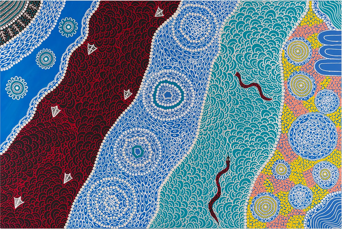 The painting features different coloured and patterned rivers alongside each other. Some of the rivers have circles inside them. The red river has triangular shapes moving upstream, the aqua river has two black snakes swimming downstream.