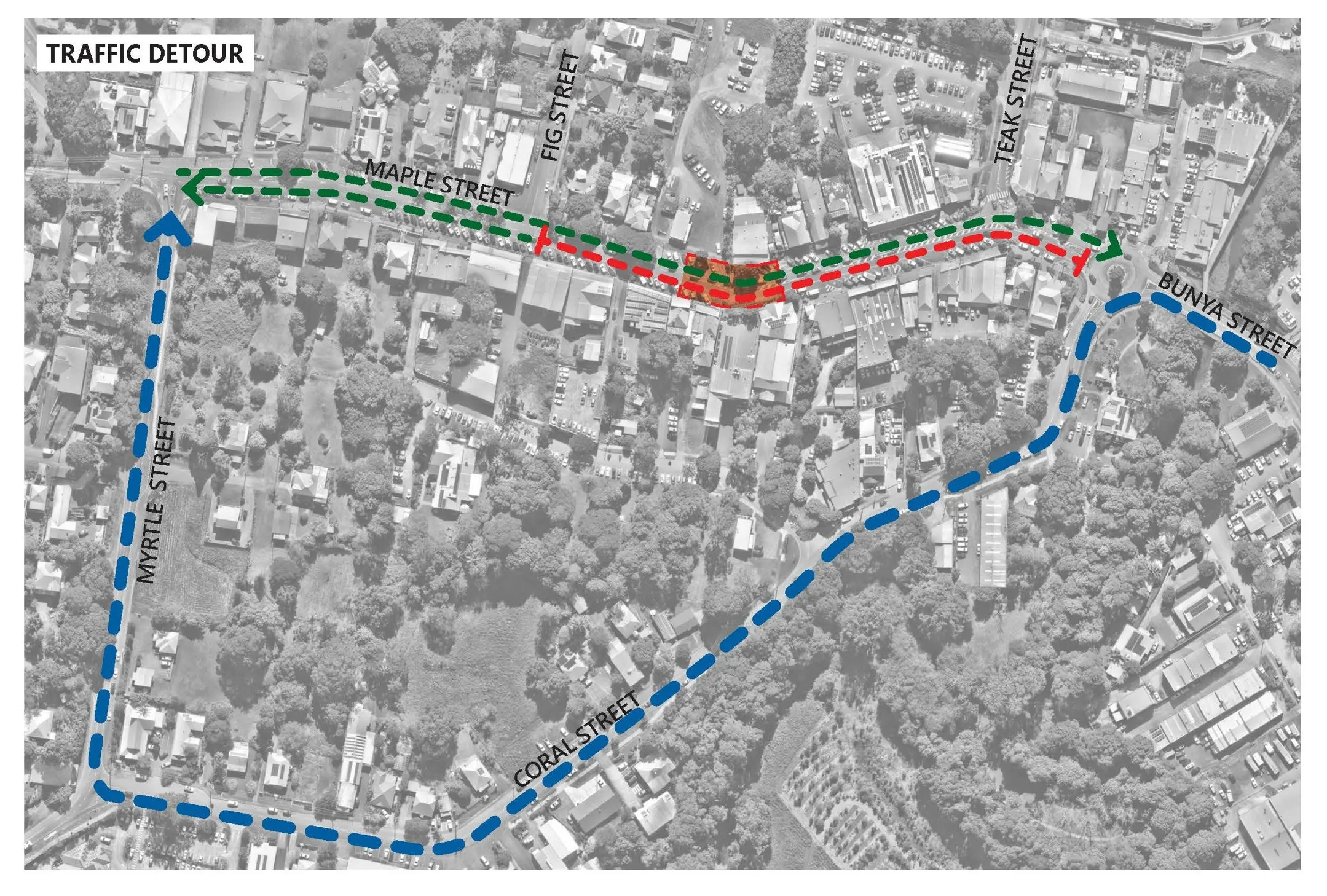 Map of temporary traffic detour for Maple Street, Maleny from 31 August 2026, for approximately four weeks.