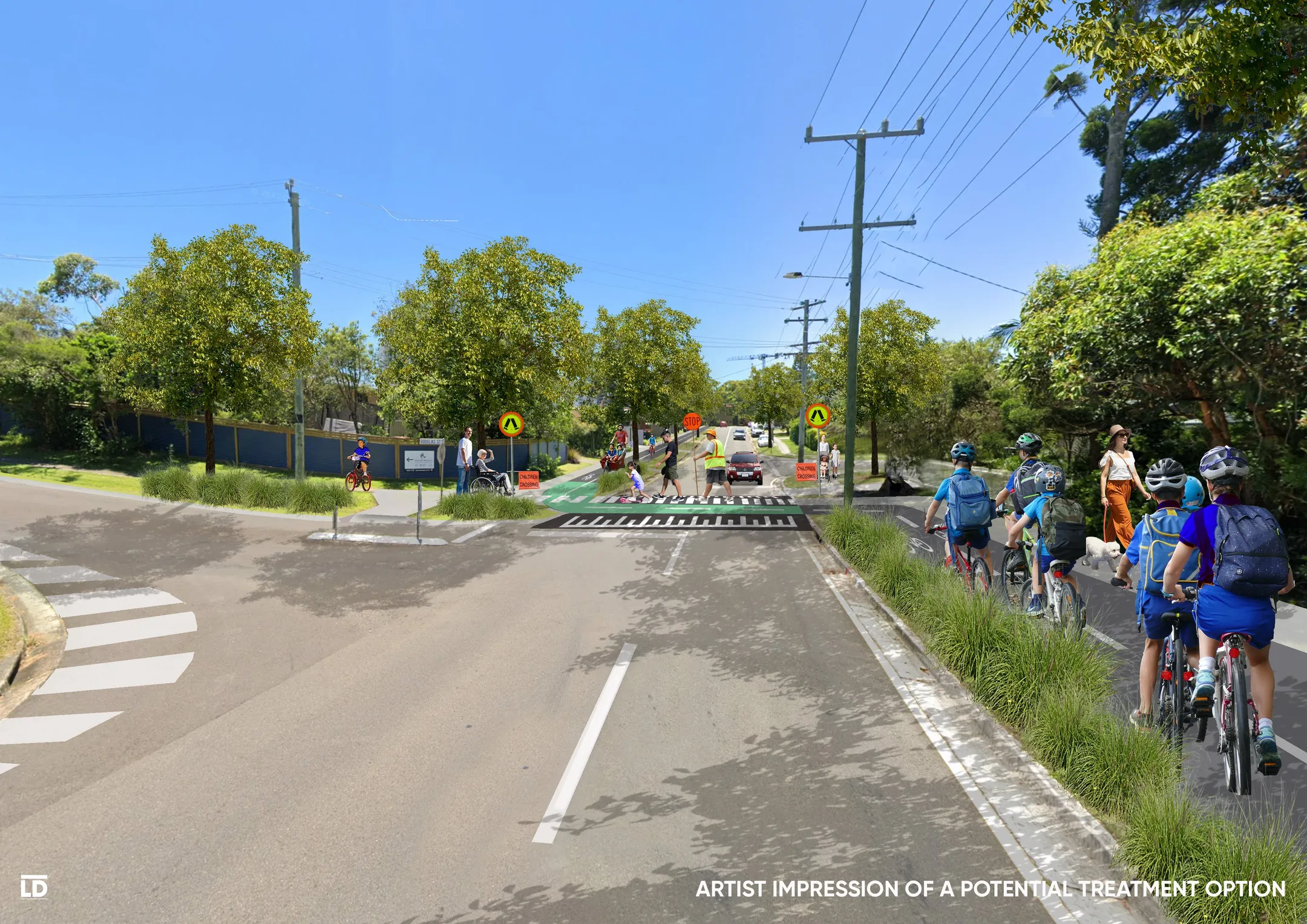 Artist impression of a Goonawarra Drive with a raised zebra crossing, green cycle lane, cyclists riding along the path, pedestrians walking nearby, and trees lining the road under a clear blue sky.