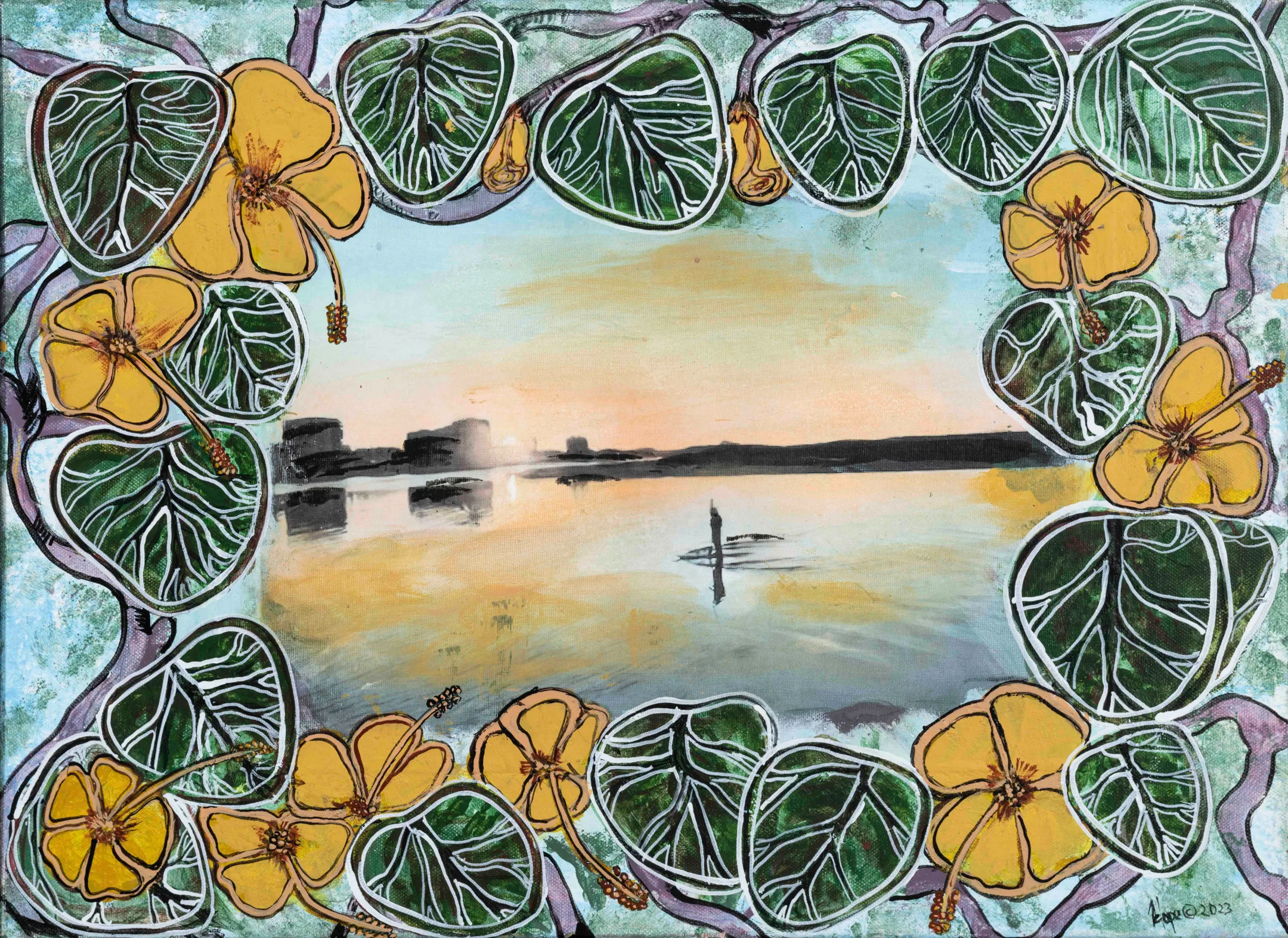 Artwork by Dr Hope O'Chin. The image shows a long paddle board rider on the Maroochydore River, surrounded by flowers.