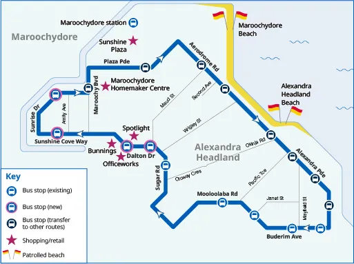 Map of Maroochydore Loop Bus route 613 bus stop locations