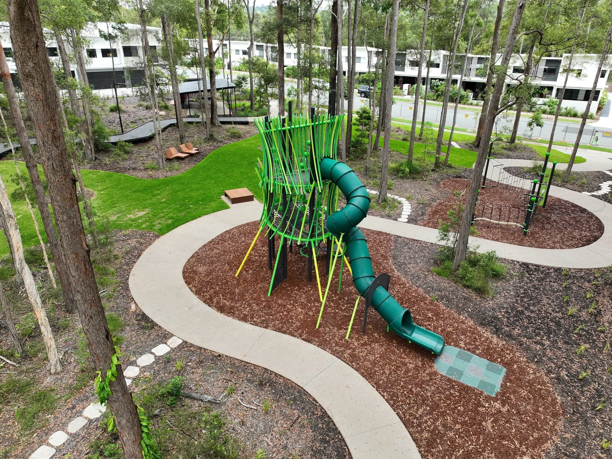 The nature-themed three-level play tower.