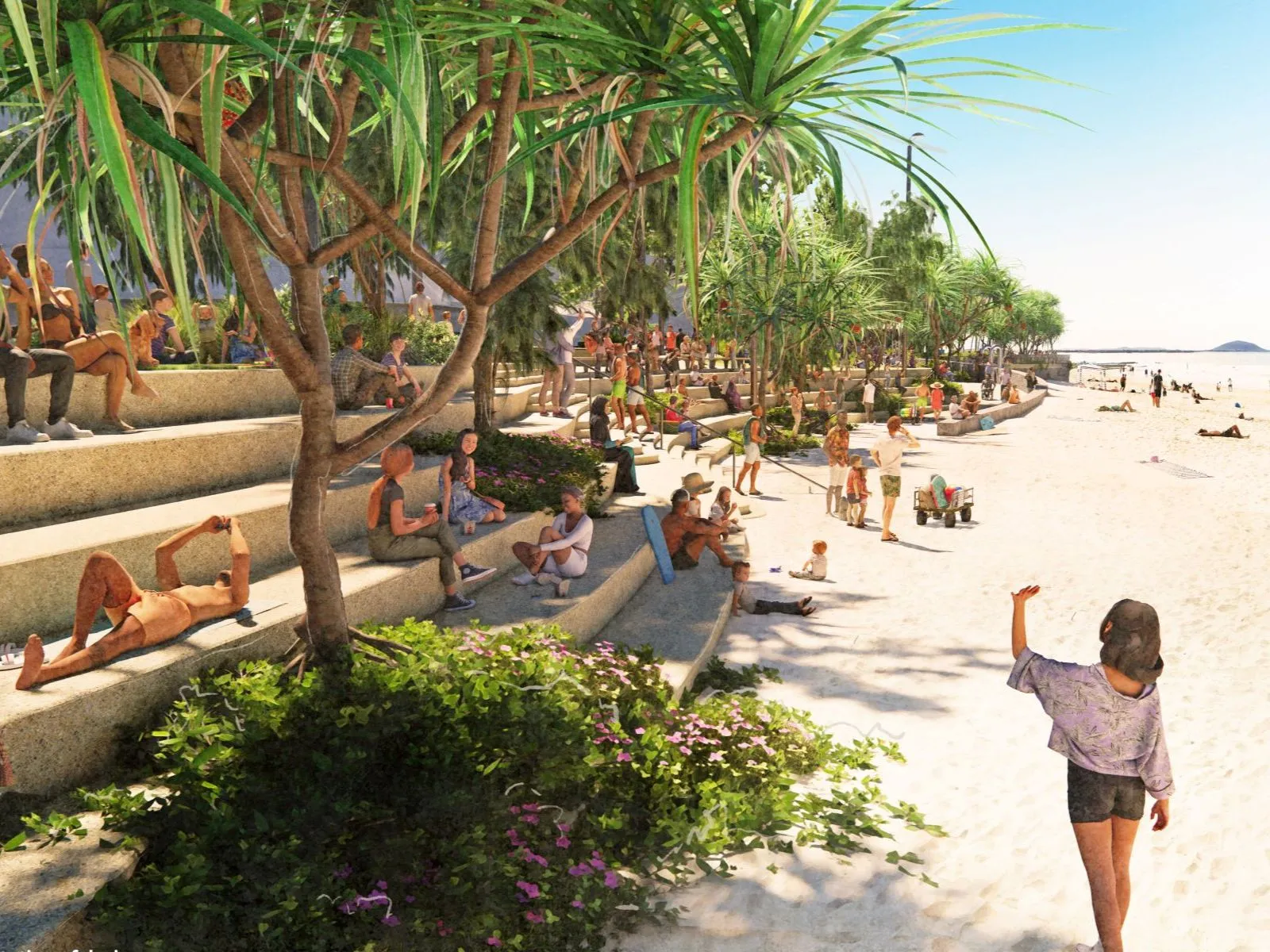 Artist impression of Mooloolaba Foreshore’s southern seawall featuring shaded, wide terraced steps that will double as community seating.