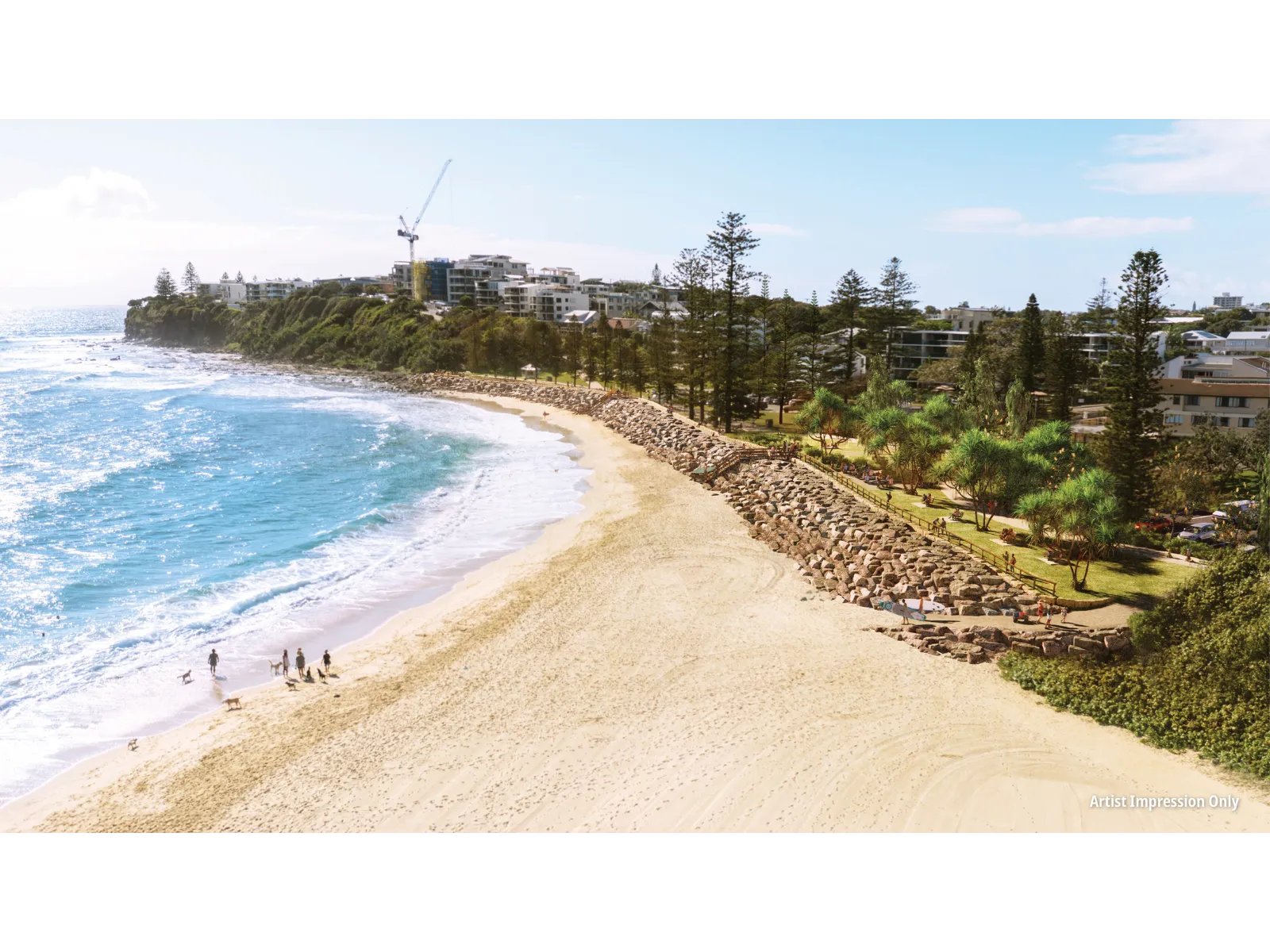 Moffat Beach reconstructed seawall west to east view.