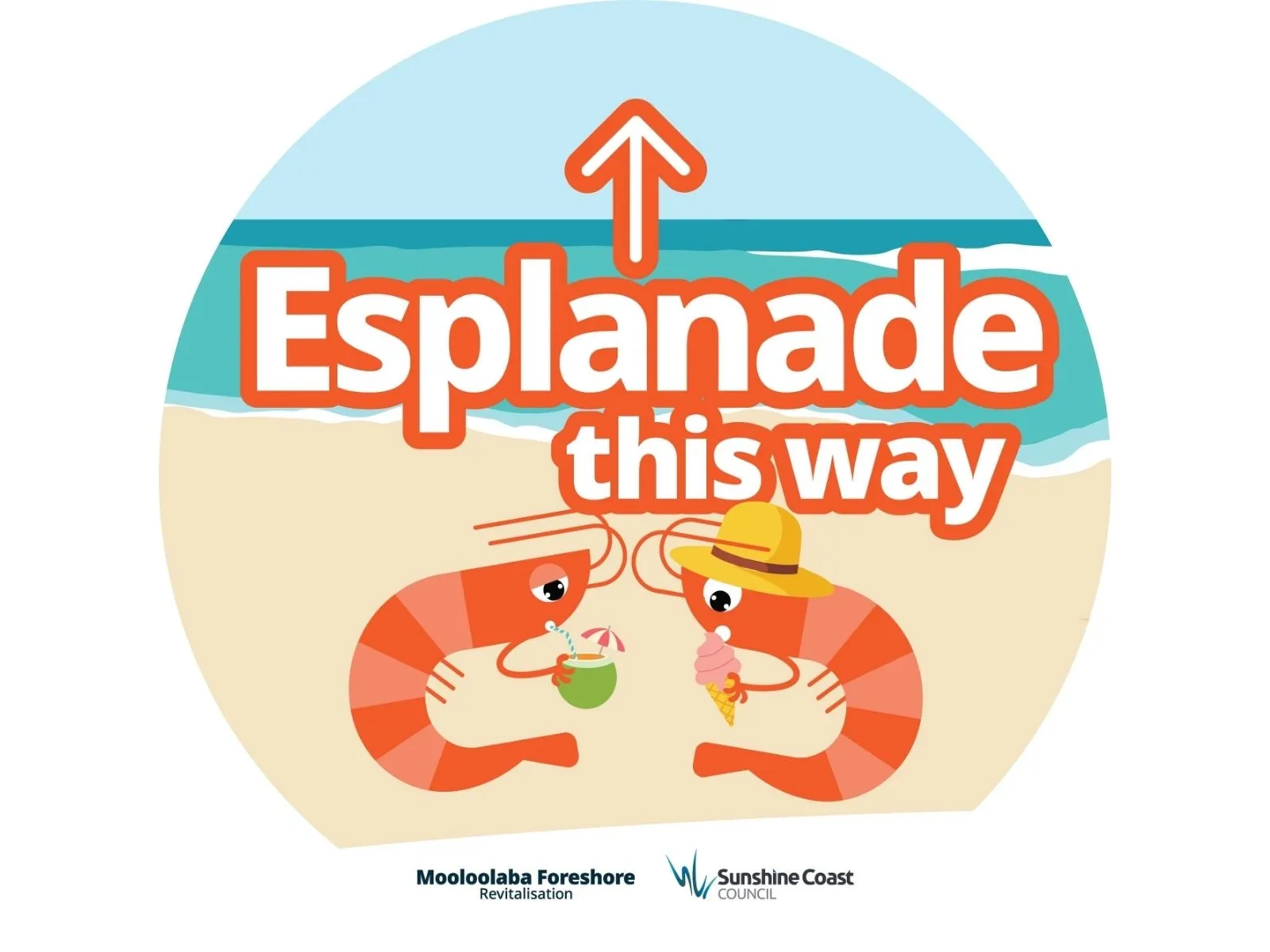 Wayfinding signage with two prawns pointing to the Esplanade and shops.