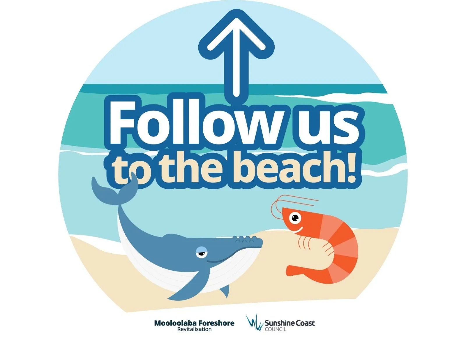 Wayfinding signage with a prawn and whale pointing to the beach.