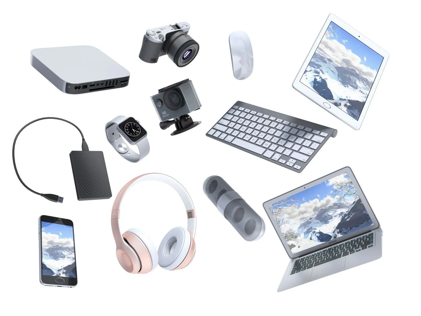 Multiple electronics shown such as computers, headphones and phones