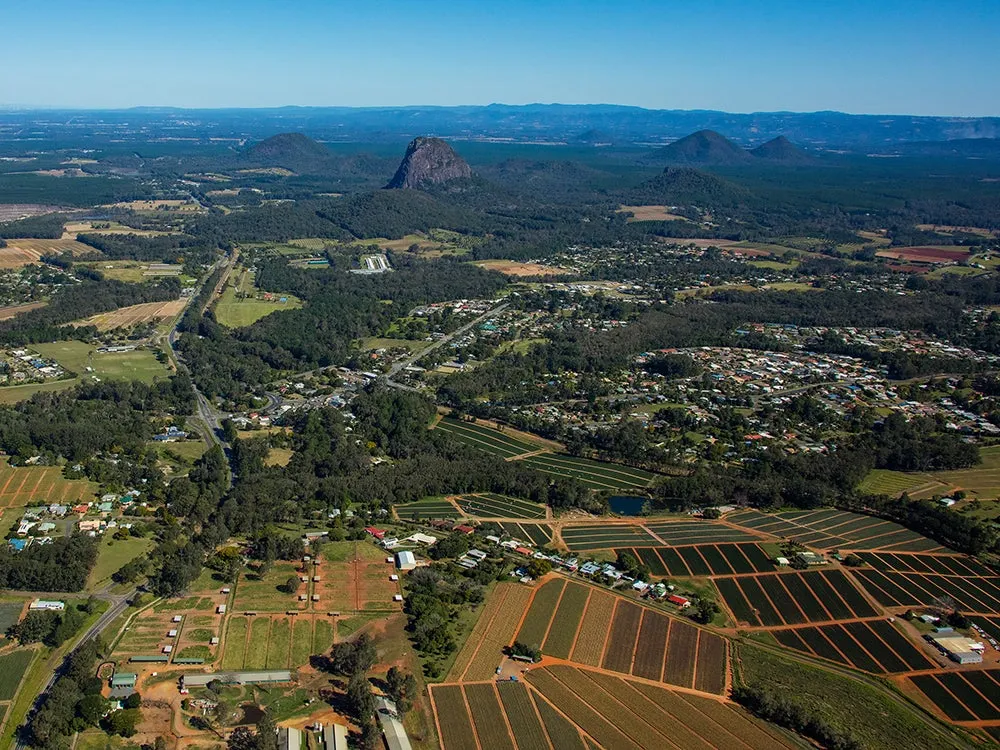Glasshouse Mountains aerial view