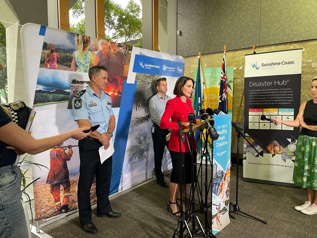 Sunshine Coast Mayor Rosanna Natoli, Queensland Deputy Premier Jarrod Bleijie and Queensland Police Service Superintendent Craig Hawkins addressing the media.