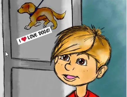 Sammy stands near a picture of a dog with an "I love dogs" sticker.