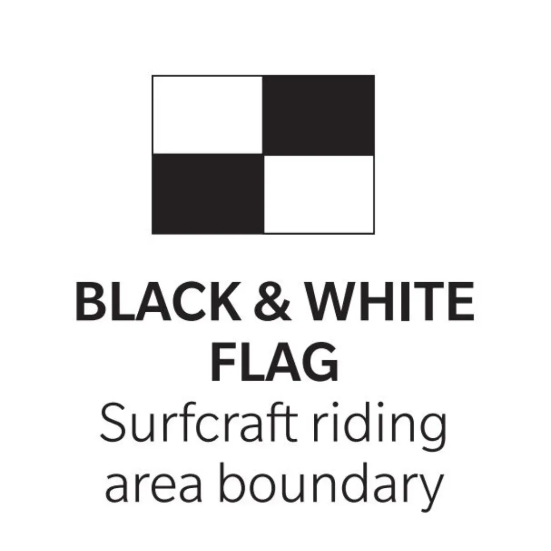 Black and white flag sign with Surfcraft riding and area boundary written on the sign.