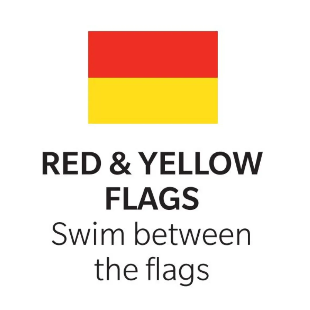 Red and yellow flag sign with swim between the flags written on the sign.