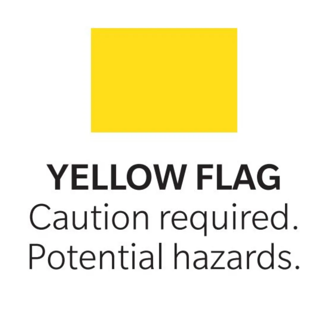 Yellow flag sign with Caution required potential hazards written on the sign.