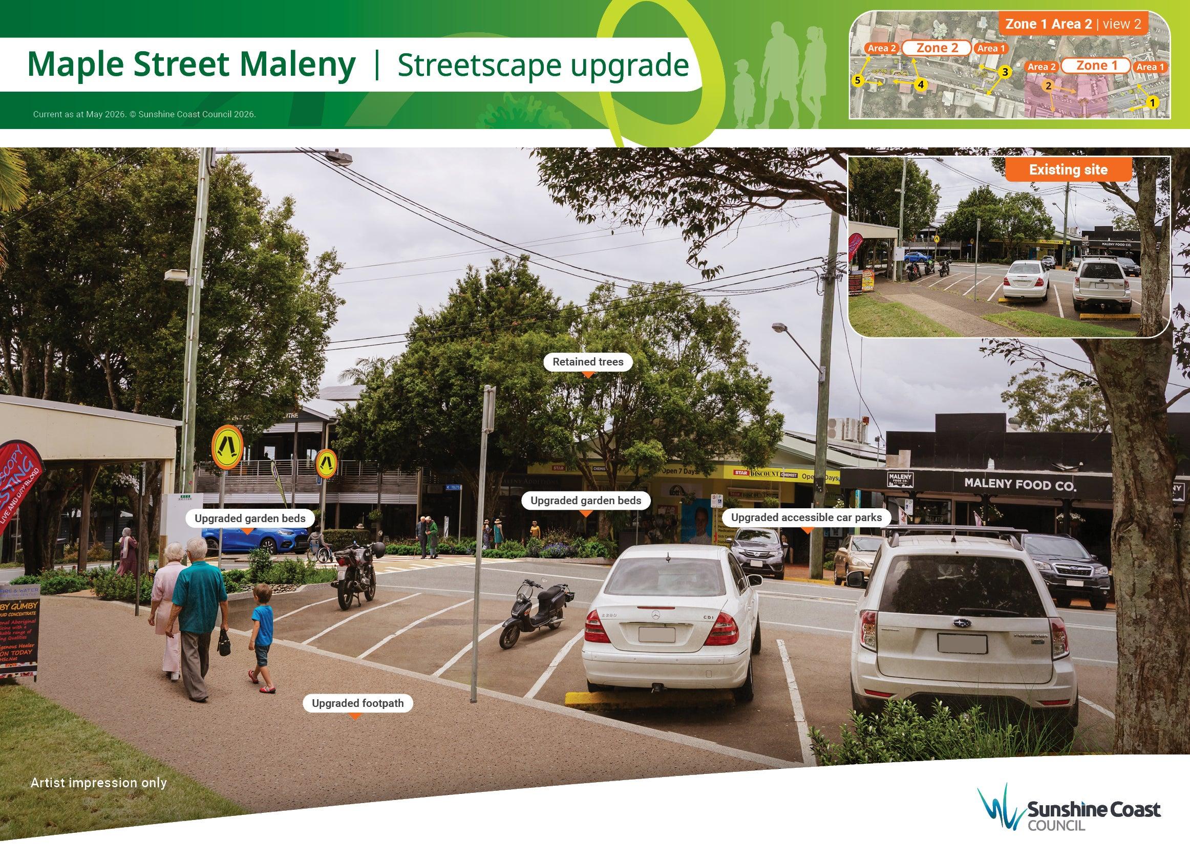 Artist impression of Maple Street, Maleny Streetscape: Zone 1 Area 2 (view 2)