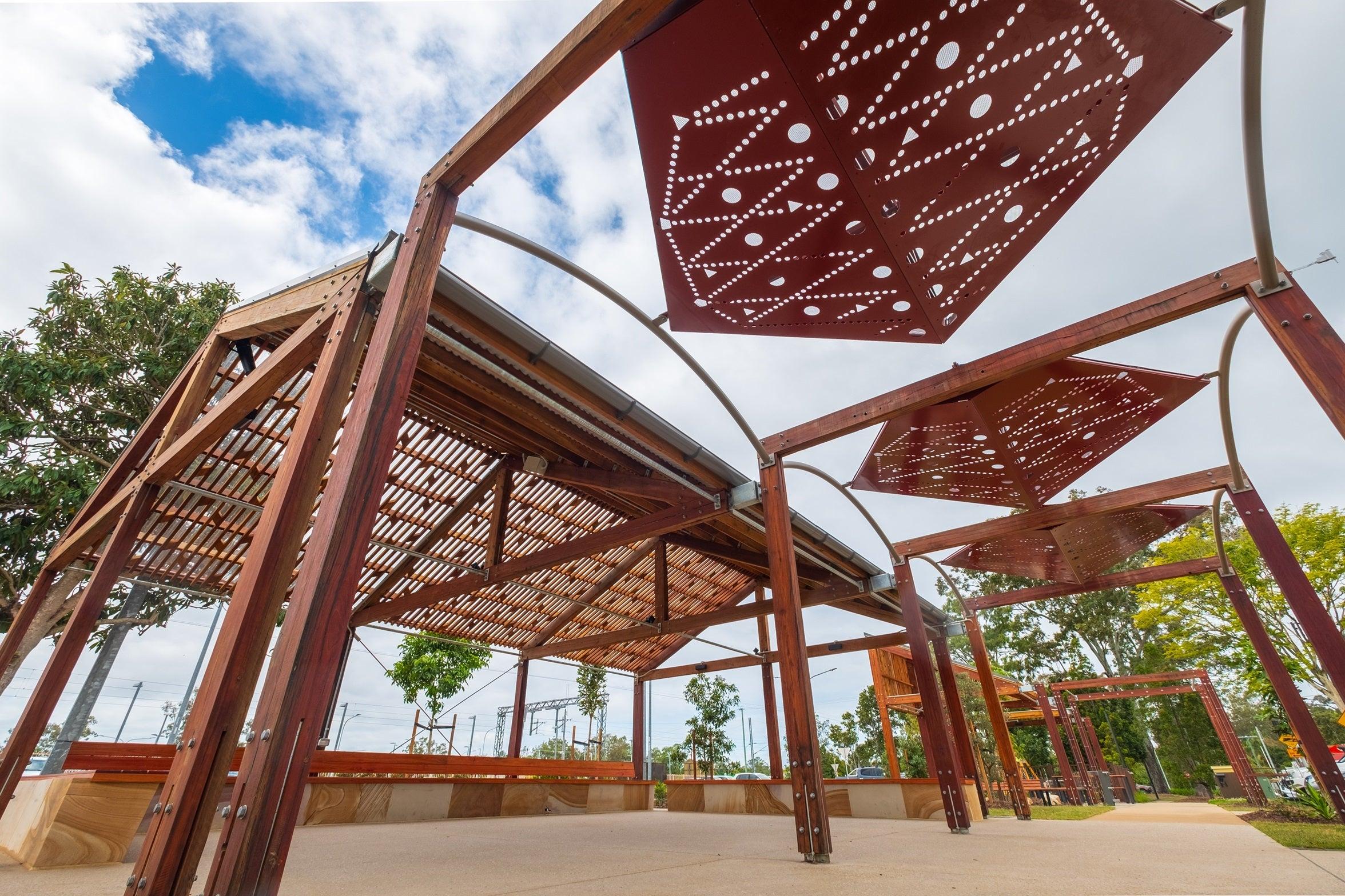 Geometric pods suspended from the arbours in Cribb Street.